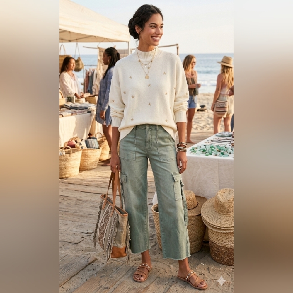 Boho Chic Spring Coastal Pullover Oversized Embroidered Gold Stars Sweater New